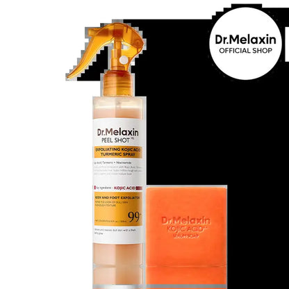 [Dr.Melaxin Official] Kojic Acid Body Brightening Duo, 2-Piece | Kojic Acid Serum Soap + Kojic Turmeric Exfoliating Body Spray | Kojic Soap for Dark Spots, Underarms & Uneven Tone | Korean Skincare